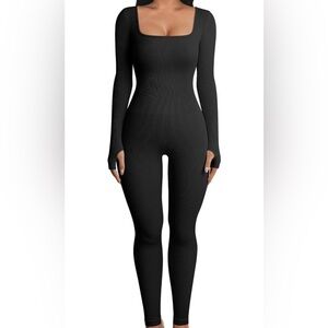 Black Ribbed Long Sleeve Jumpsuit